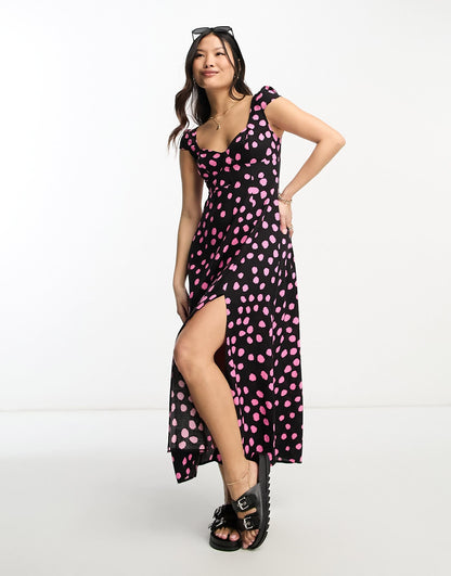 ASOS DESIGN Petite viscose sweetheart neckline split front midi dress in spot