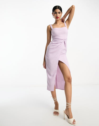 ASOS DESIGN strappy twist waist midi dress with wrap split in lilac