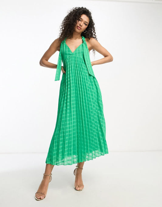 ASOS DESIGN jacquard check plunge neck pleat midi dress with tie straps in emerald green