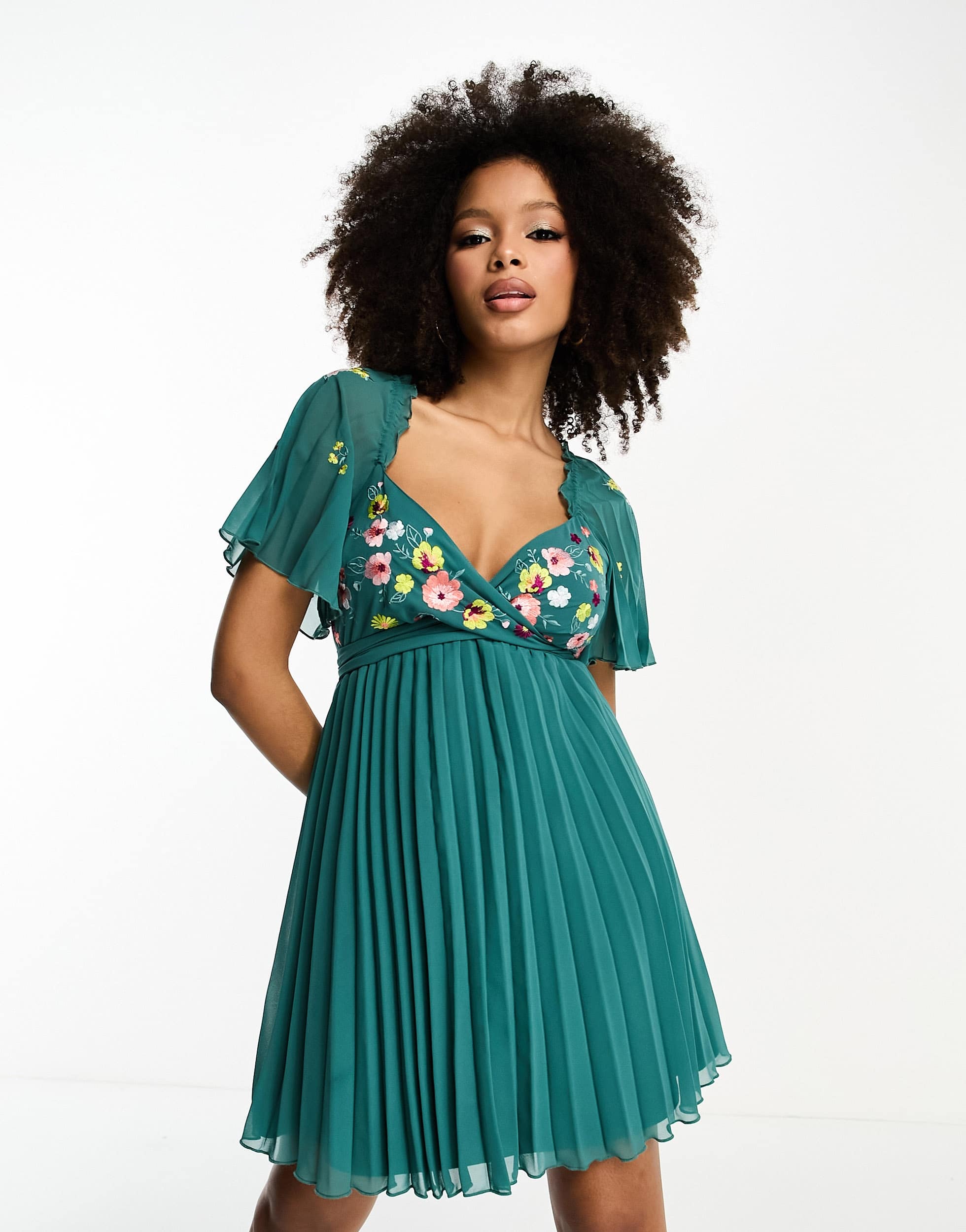 ASOS DESIGN tie back angel sleeve pleated mini dress with embroidered bust in teal