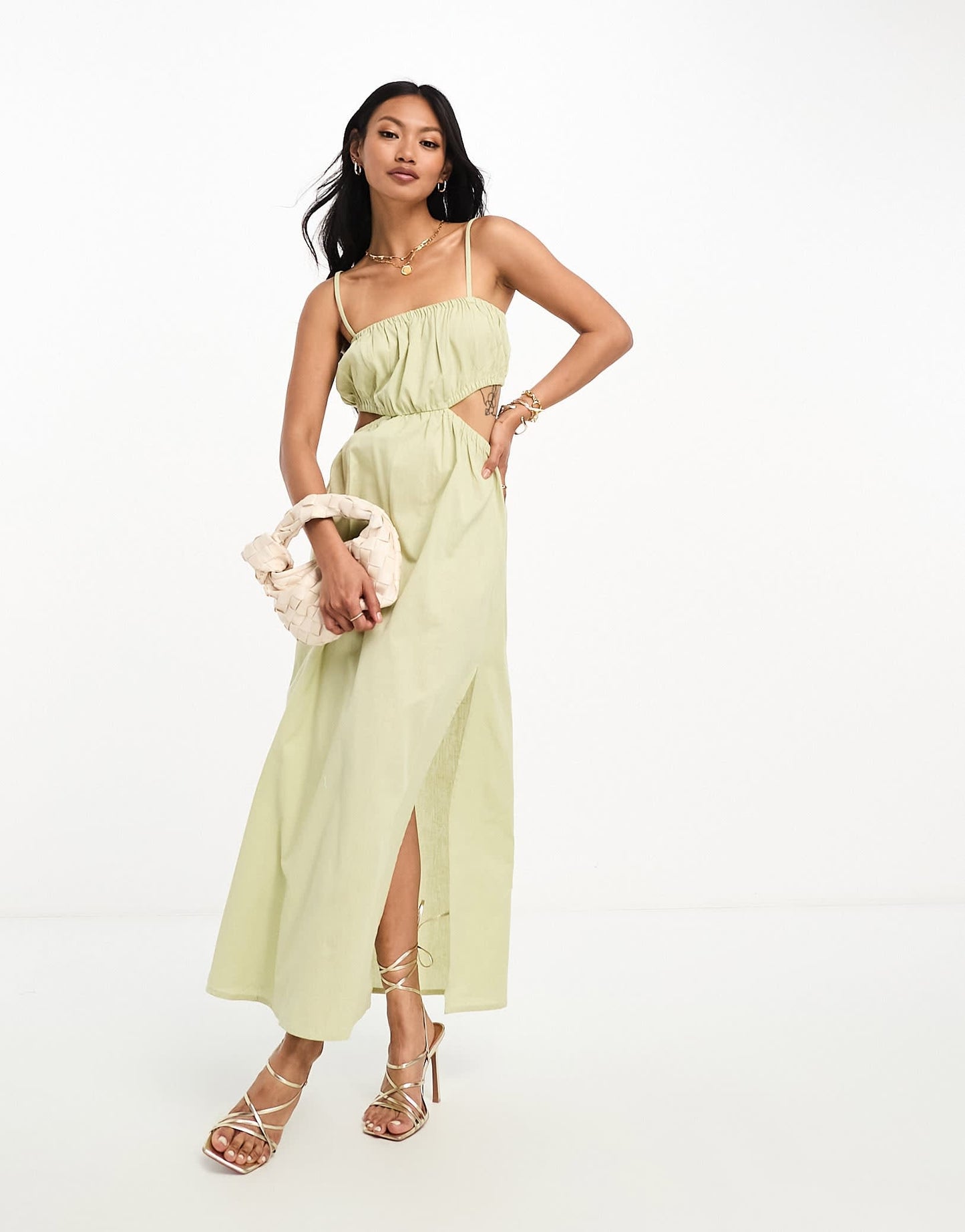 Pretty Lavish ruched cut-out midaxi dress in olive