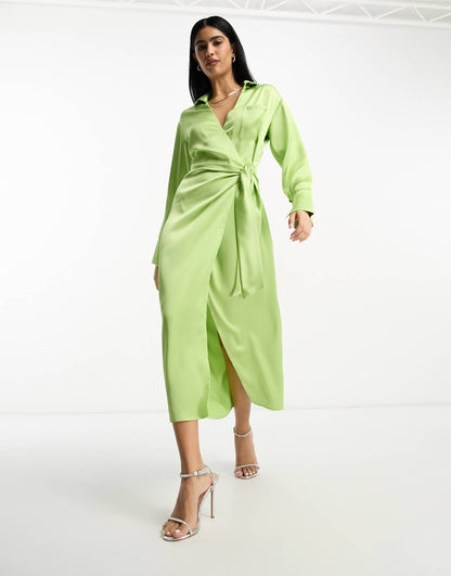 Pretty Lavish wrap shirt midaxi dress in apple green