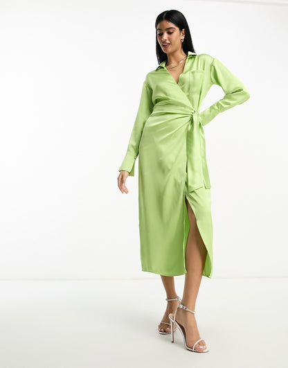Pretty Lavish wrap shirt midaxi dress in apple green