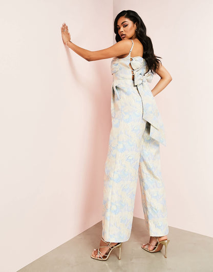 ASOS LUXE jacquard wide leg jumpsuit in floral blue