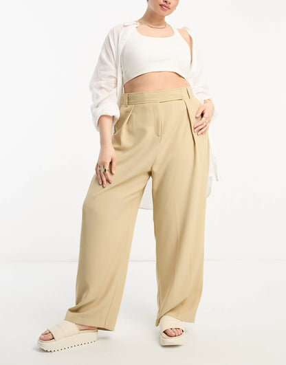 River Island Plus wide leg tailored dad trouser co-ord in beige