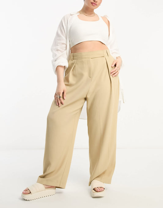 River Island Plus wide leg tailored dad trouser co-ord in beige