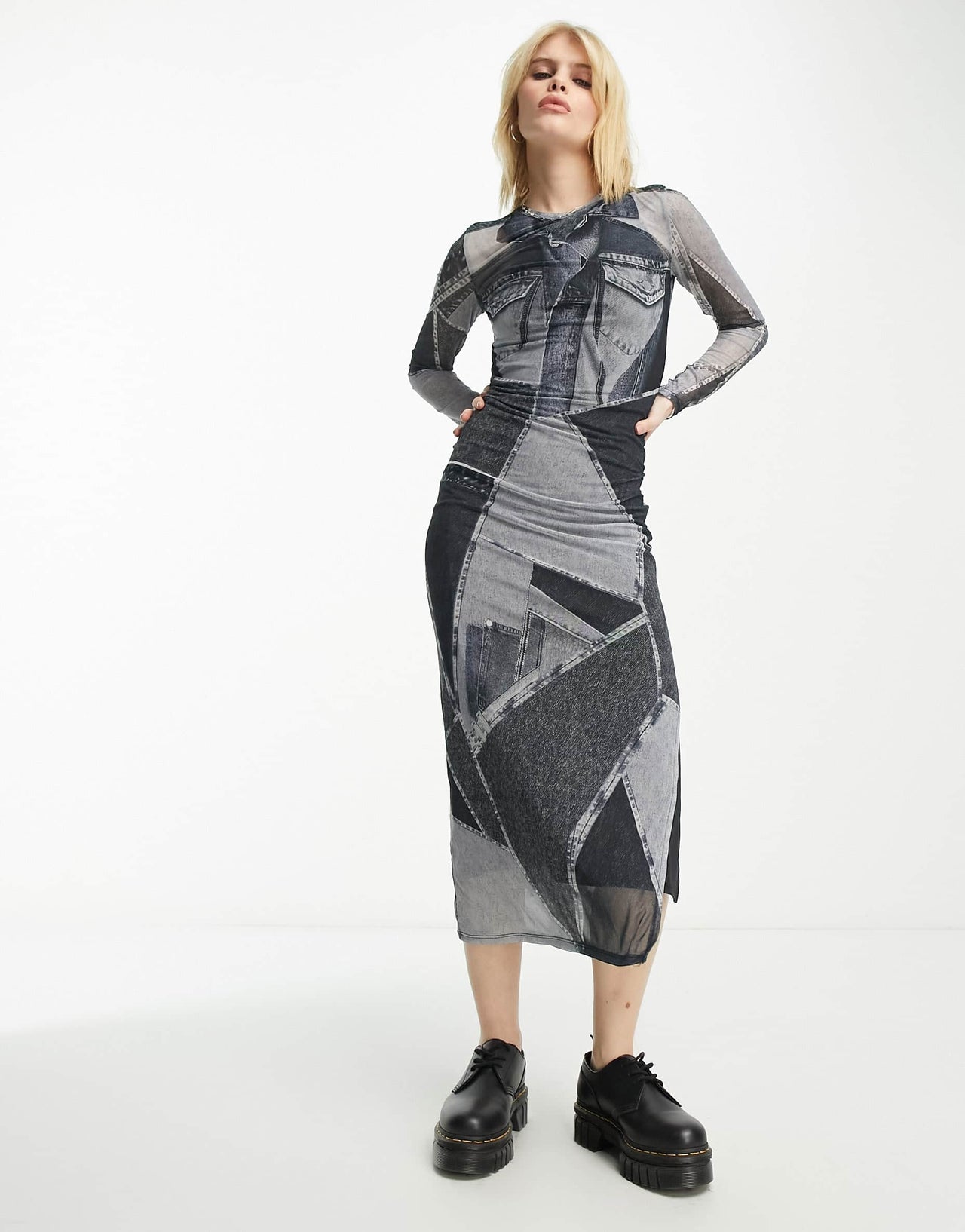 Bershka denim patchwork mesh midaxi dress in dark grey