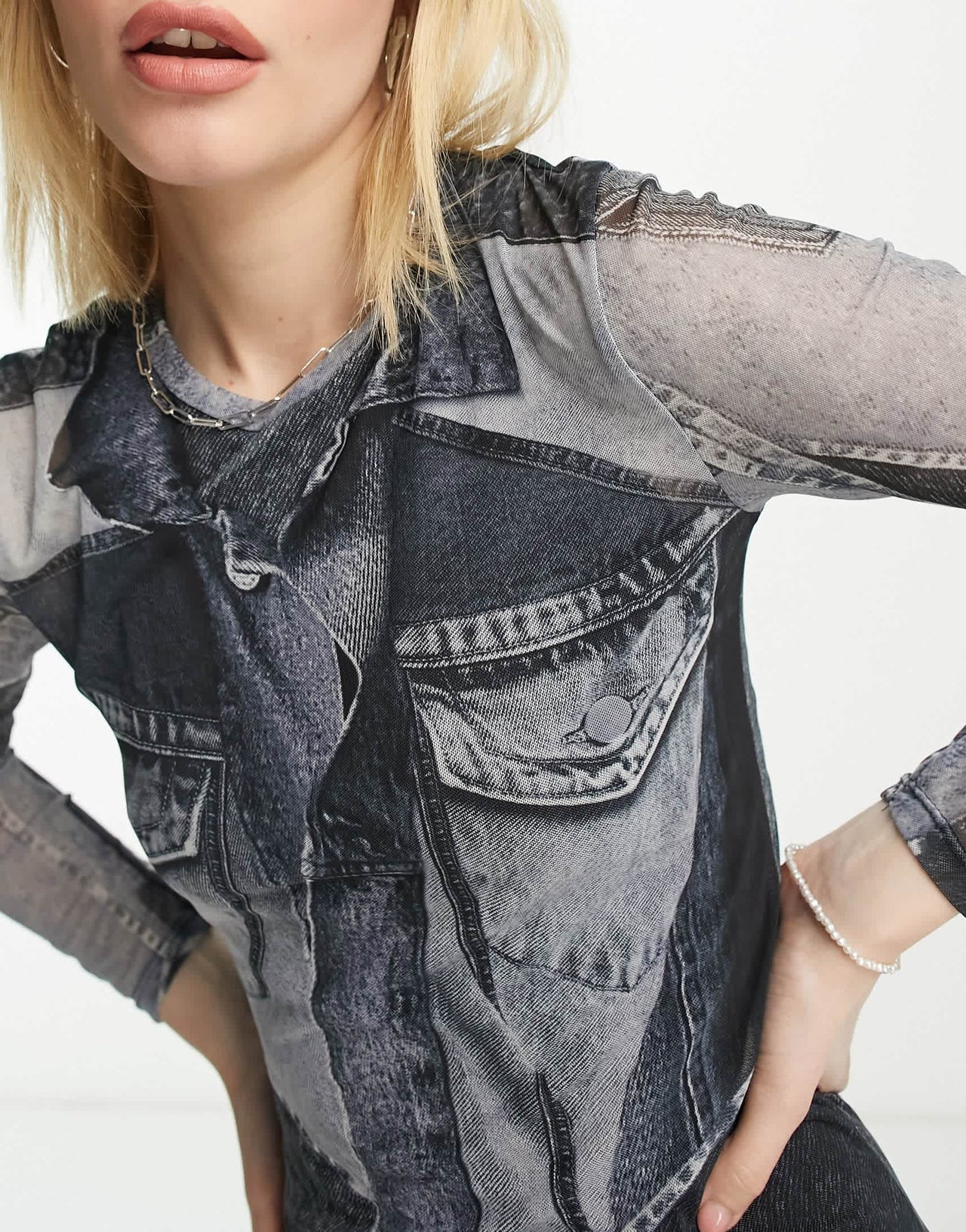 Bershka denim patchwork mesh midaxi dress in dark grey