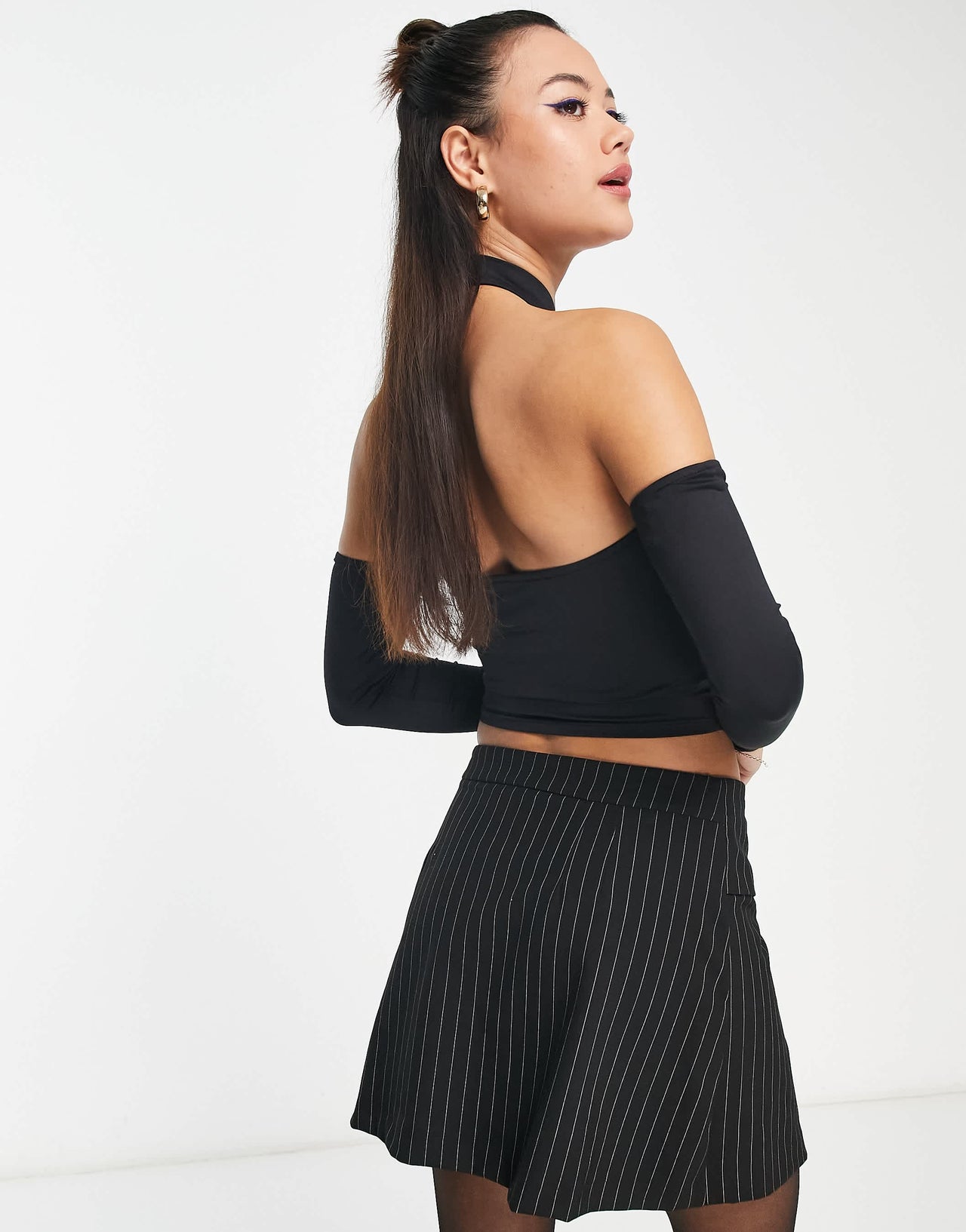 Bershka halter neck long sleeve crop top in black