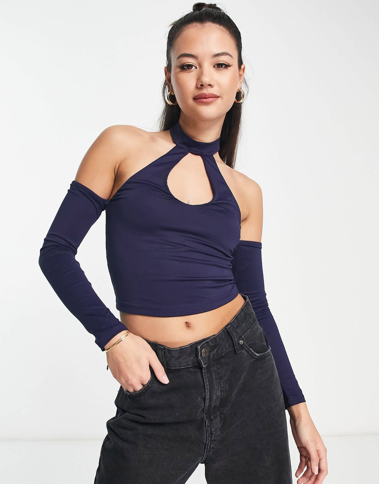 Bershka halter neck long sleeve crop top in purple