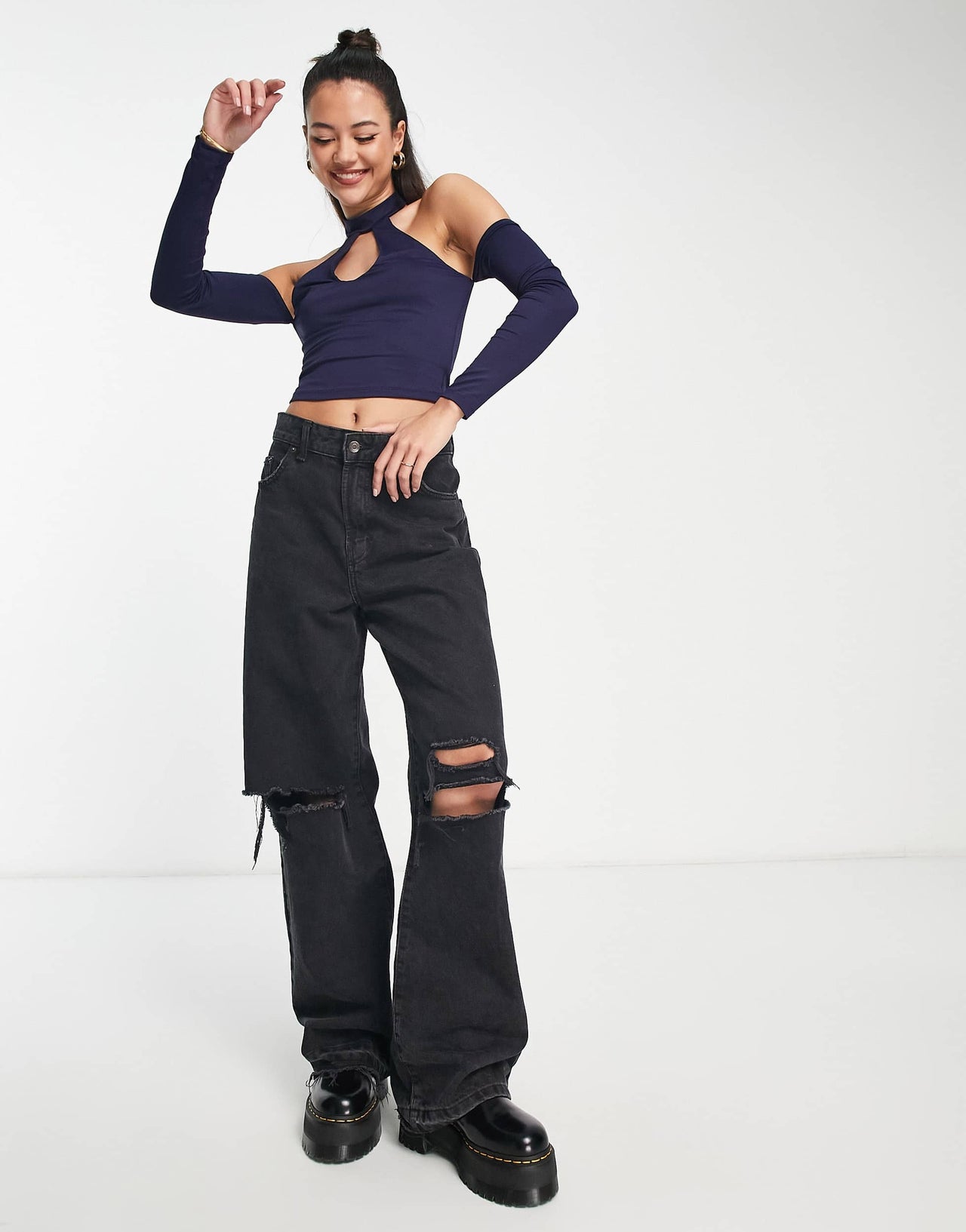 Bershka halter neck long sleeve crop top in purple