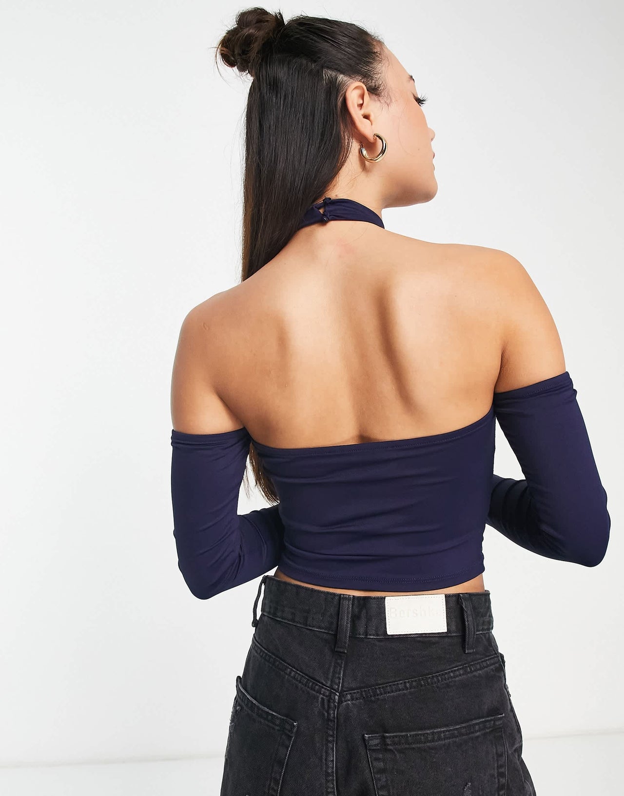 Bershka halter neck long sleeve crop top in purple