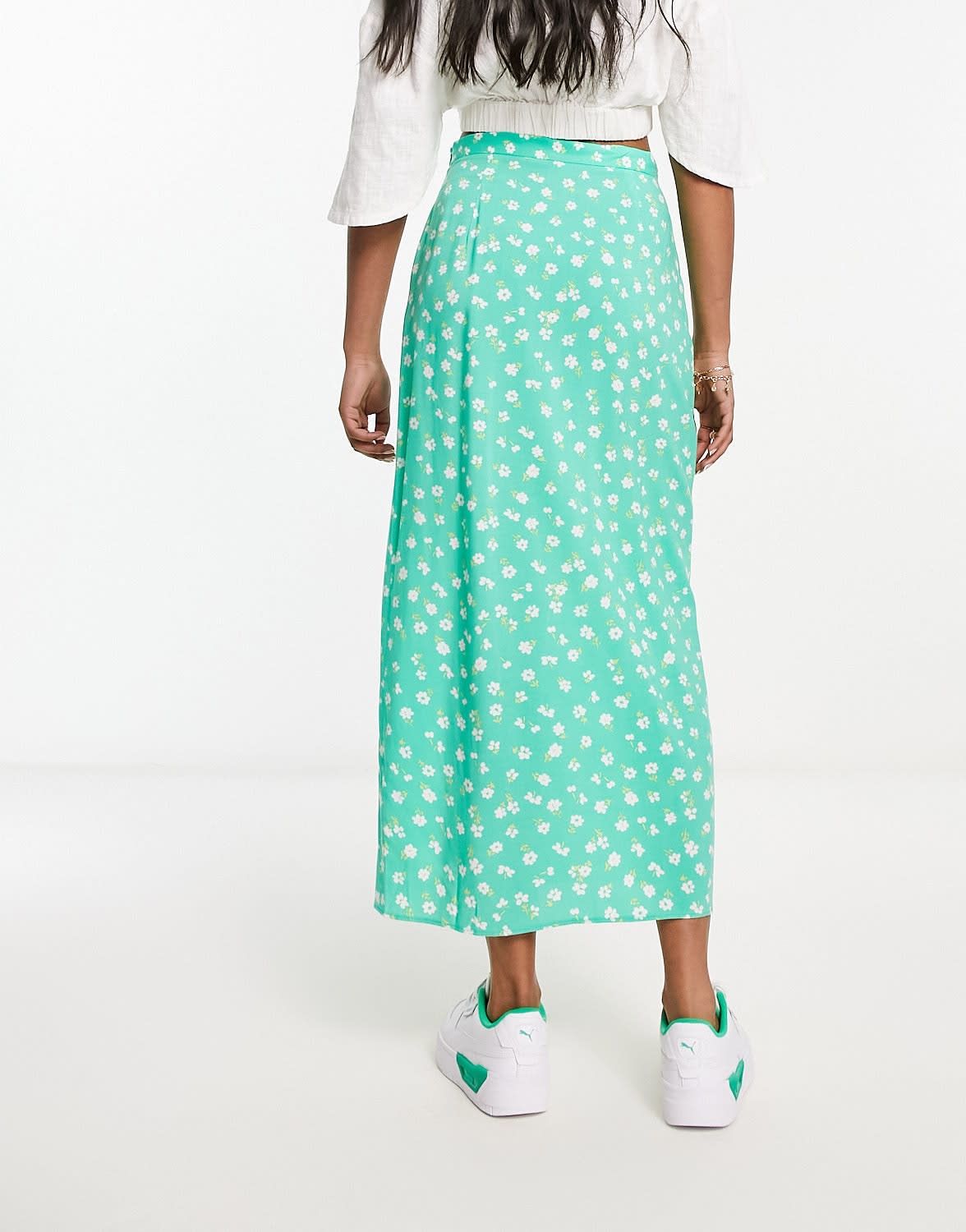 ASOS DESIGN bow detail midi skirt with thigh split in green ditsy floral