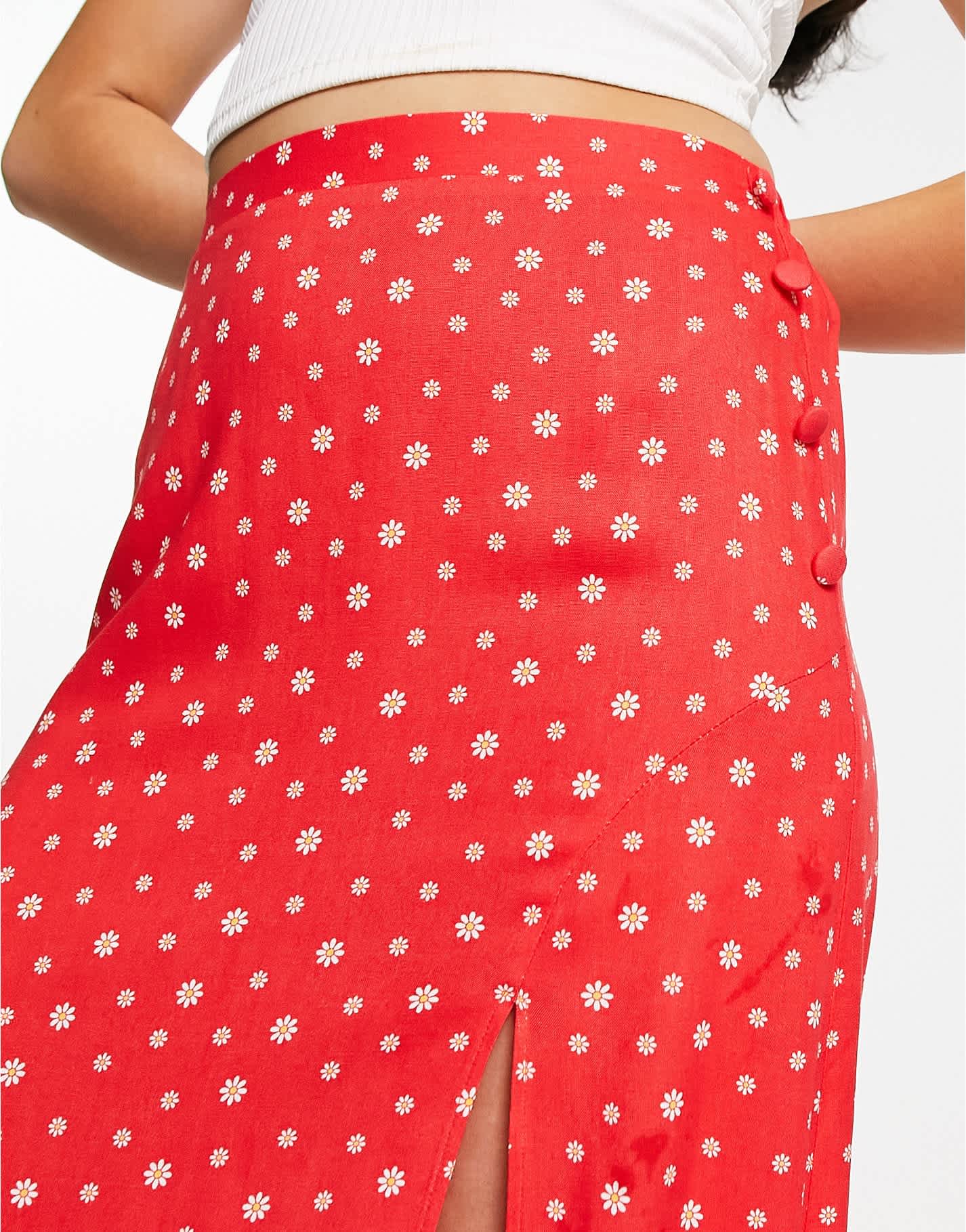 ASOS DESIGN wrap midi skirt with button detail in red ditsy floral