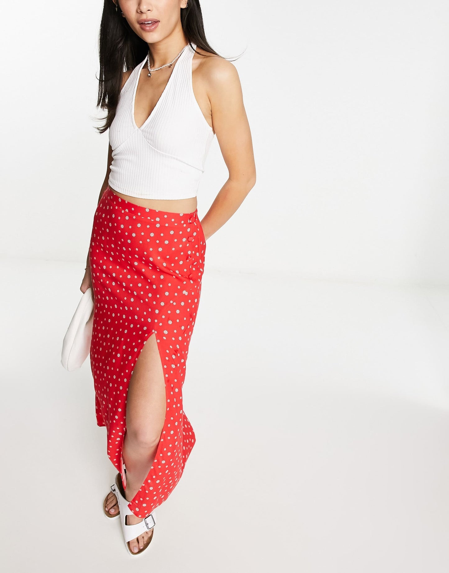 ASOS DESIGN wrap midi skirt with button detail in red ditsy floral