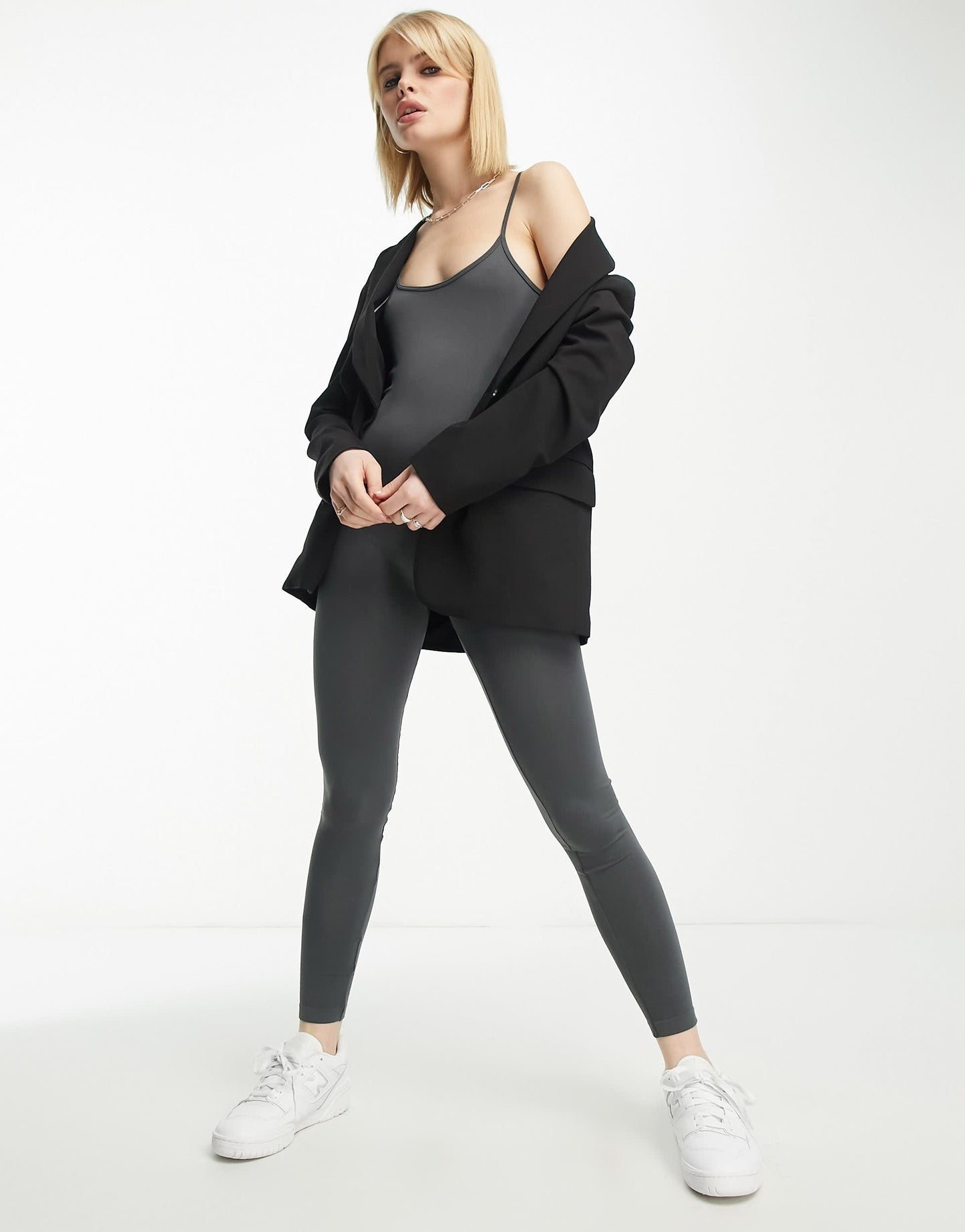 Bershka low back scoop neck unitard in charcoal grey