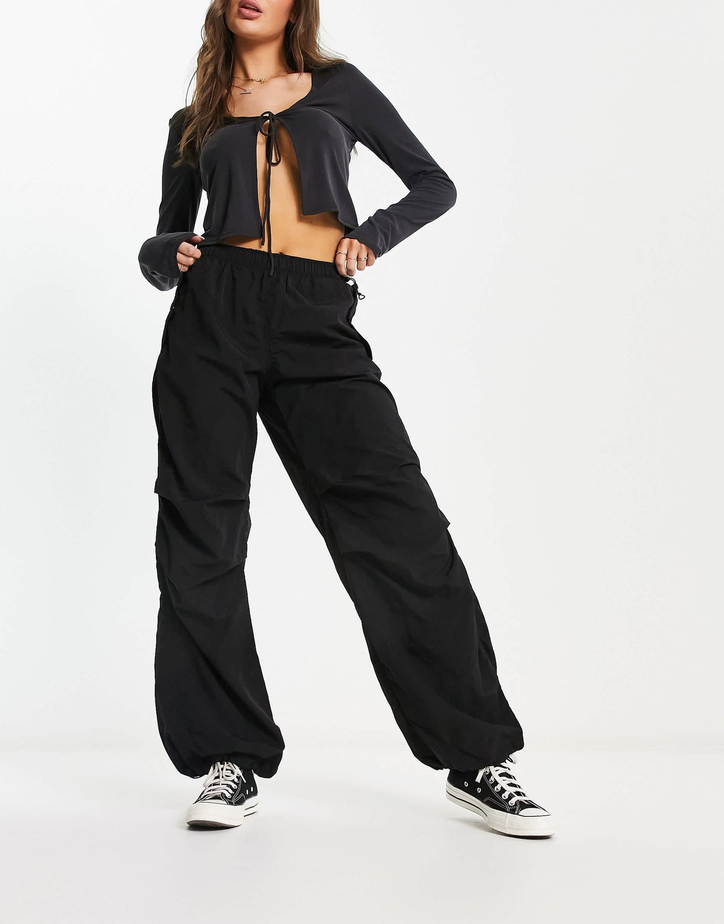 Bershka nylon parachute trouser in black