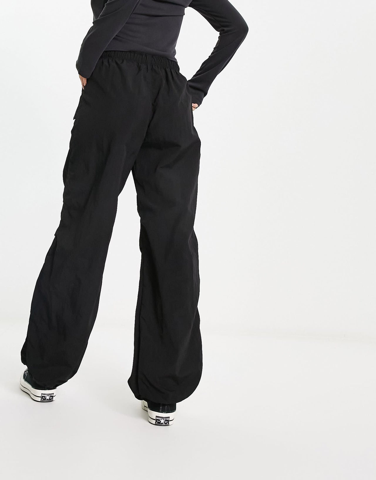Bershka nylon parachute trouser in black