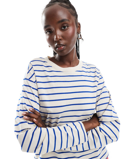Monki long sleeve t-shirt in beige with blue stripe
