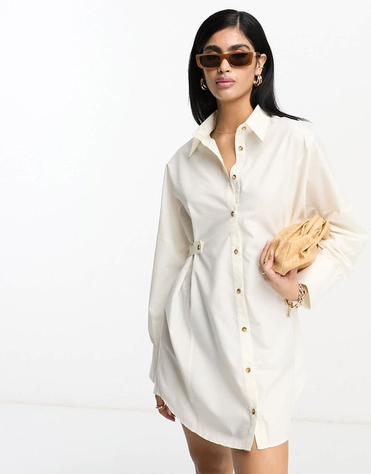 ASOS DESIGN utility mini shirt dress with tab waist with horn buttons in cream