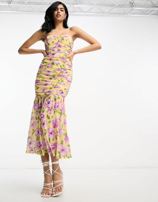 ASOS DESIGN mesh ruched bodycon bandeau flared hem midi dress in floral print