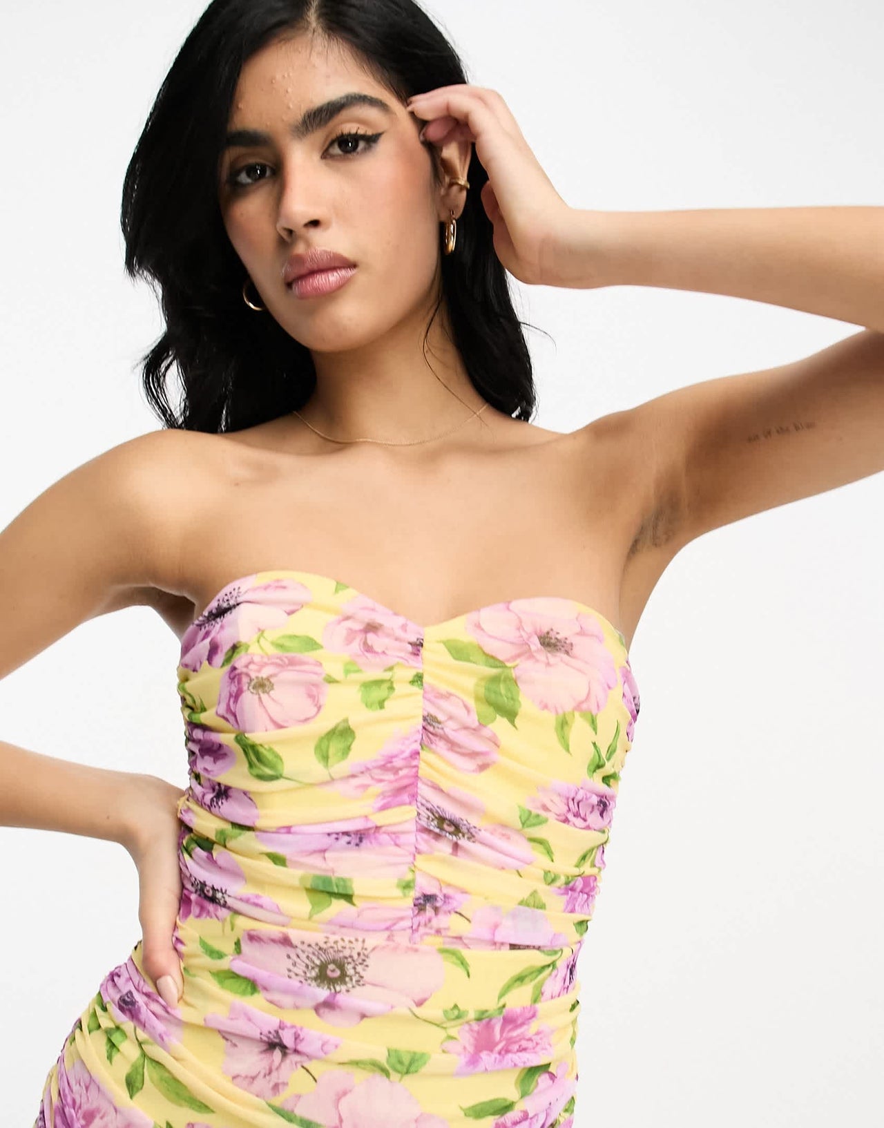 ASOS DESIGN mesh ruched bodycon bandeau flared hem midi dress in floral print