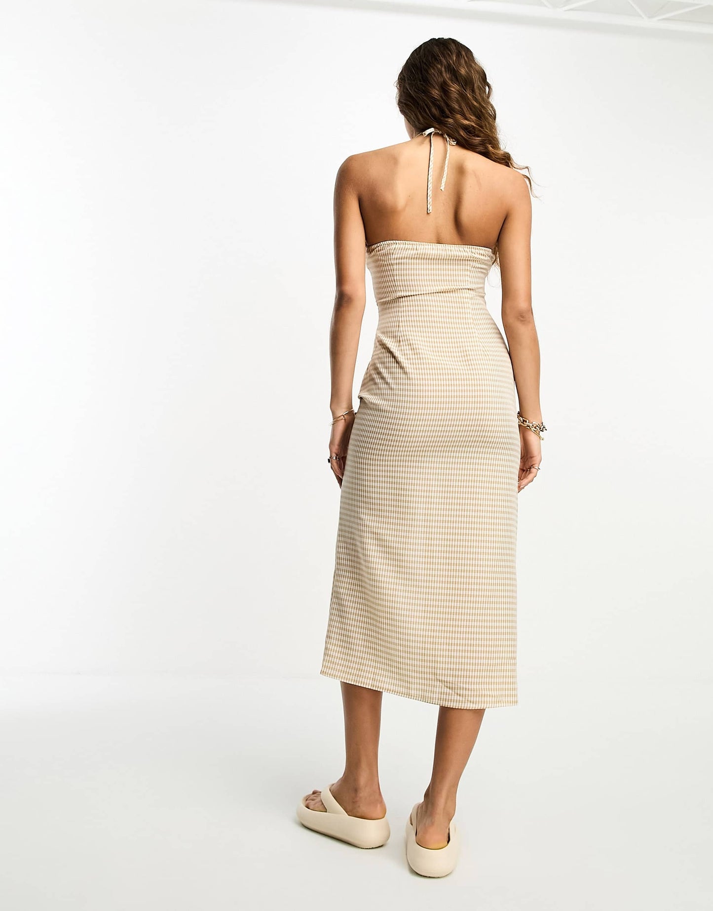 Urban Threads ruched maxi dress in beige gingham