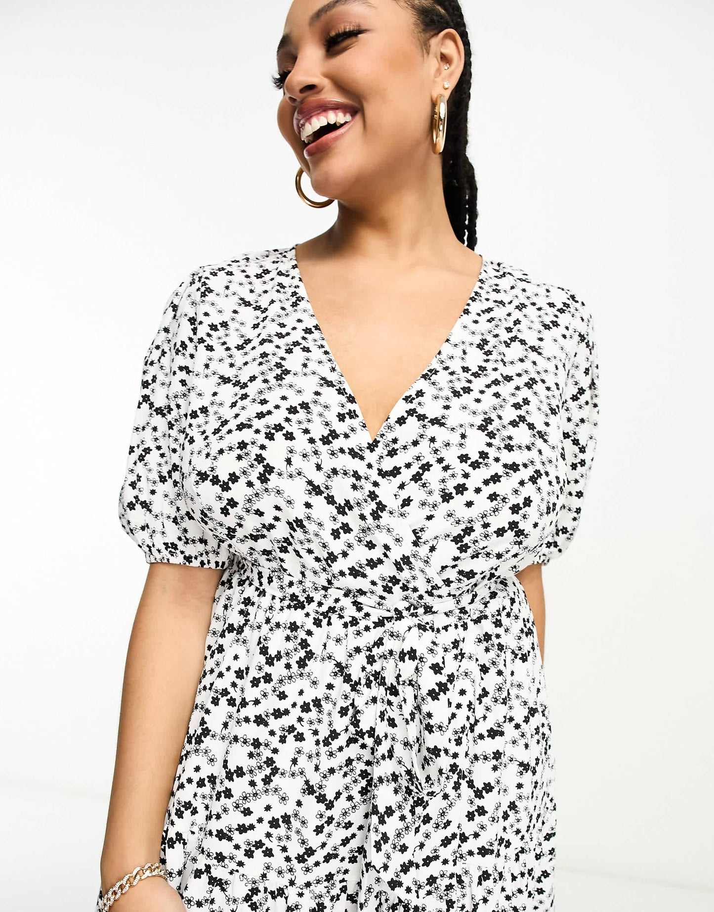 Glamorous Curve short sleeve tie waist wrap maxi dress in black white ditsy