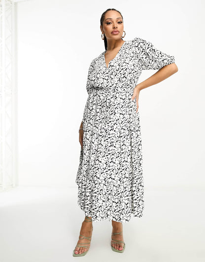 Glamorous Curve short sleeve tie waist wrap maxi dress in black white ditsy