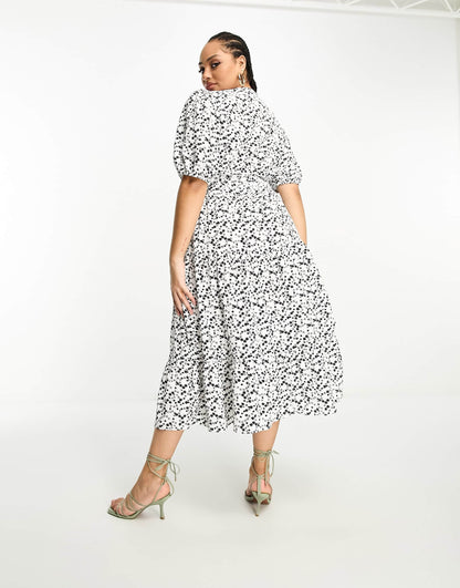 Glamorous Curve short sleeve tie waist wrap maxi dress in black white ditsy