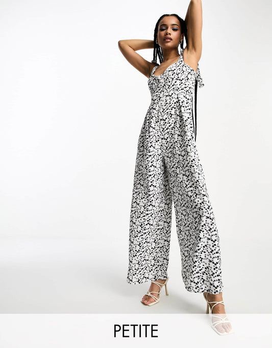 Glamorous Petite corset waist bunny tie jumpsuit in black white ditsy