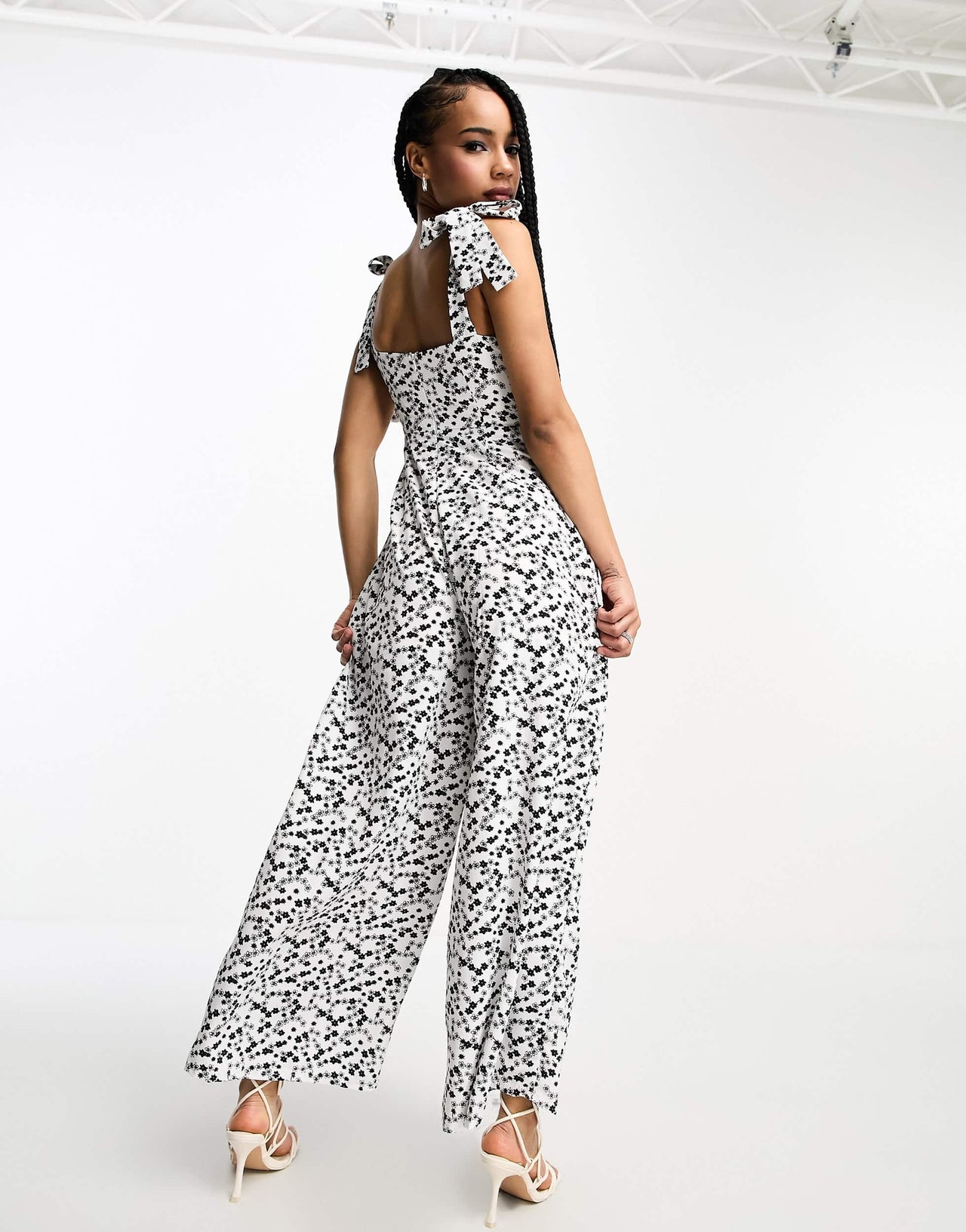 Glamorous Petite corset waist bunny tie jumpsuit in black white ditsy