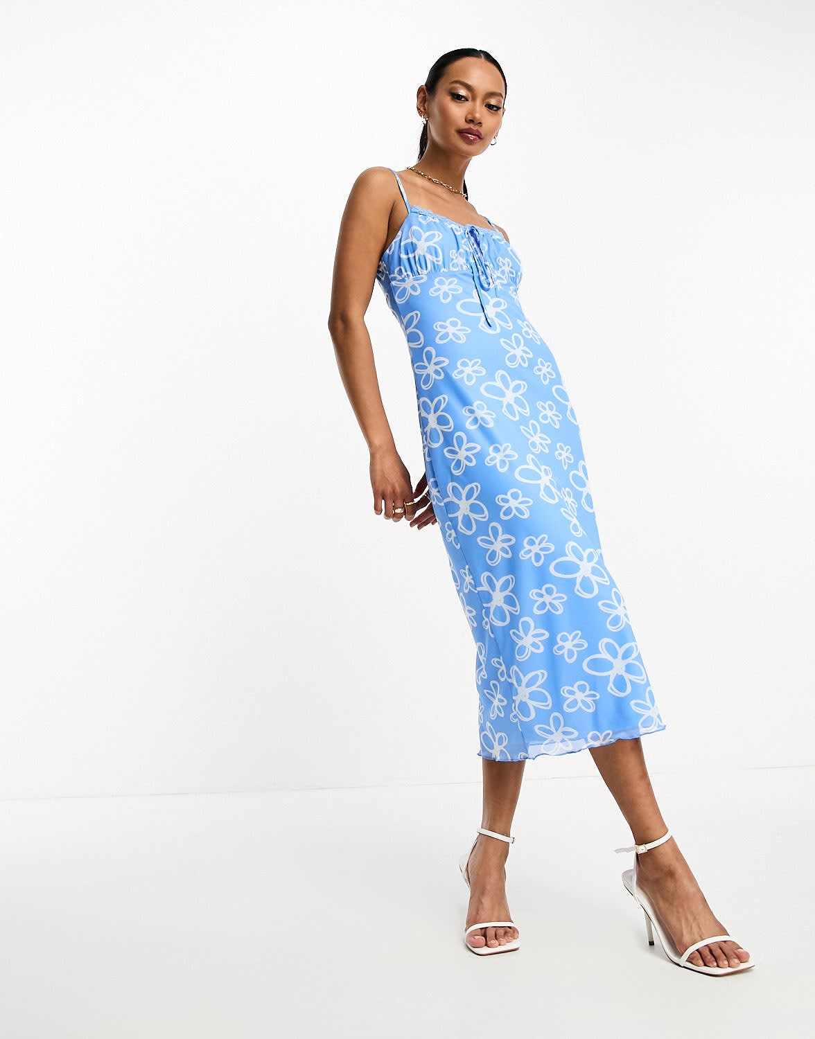 Glamorous ruched bust cami midi dress in blue scribble
