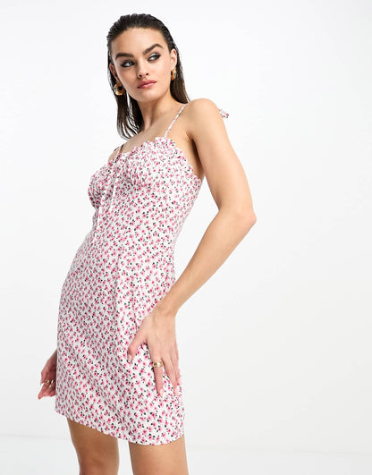 Glamorous ruched bust cami mini dress in pink rose bud floral
