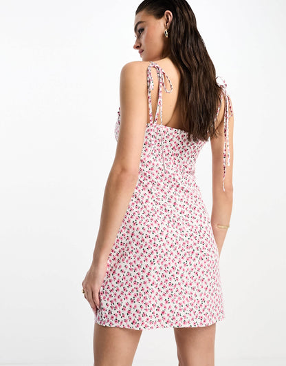 Glamorous ruched bust cami mini dress in pink rose bud floral