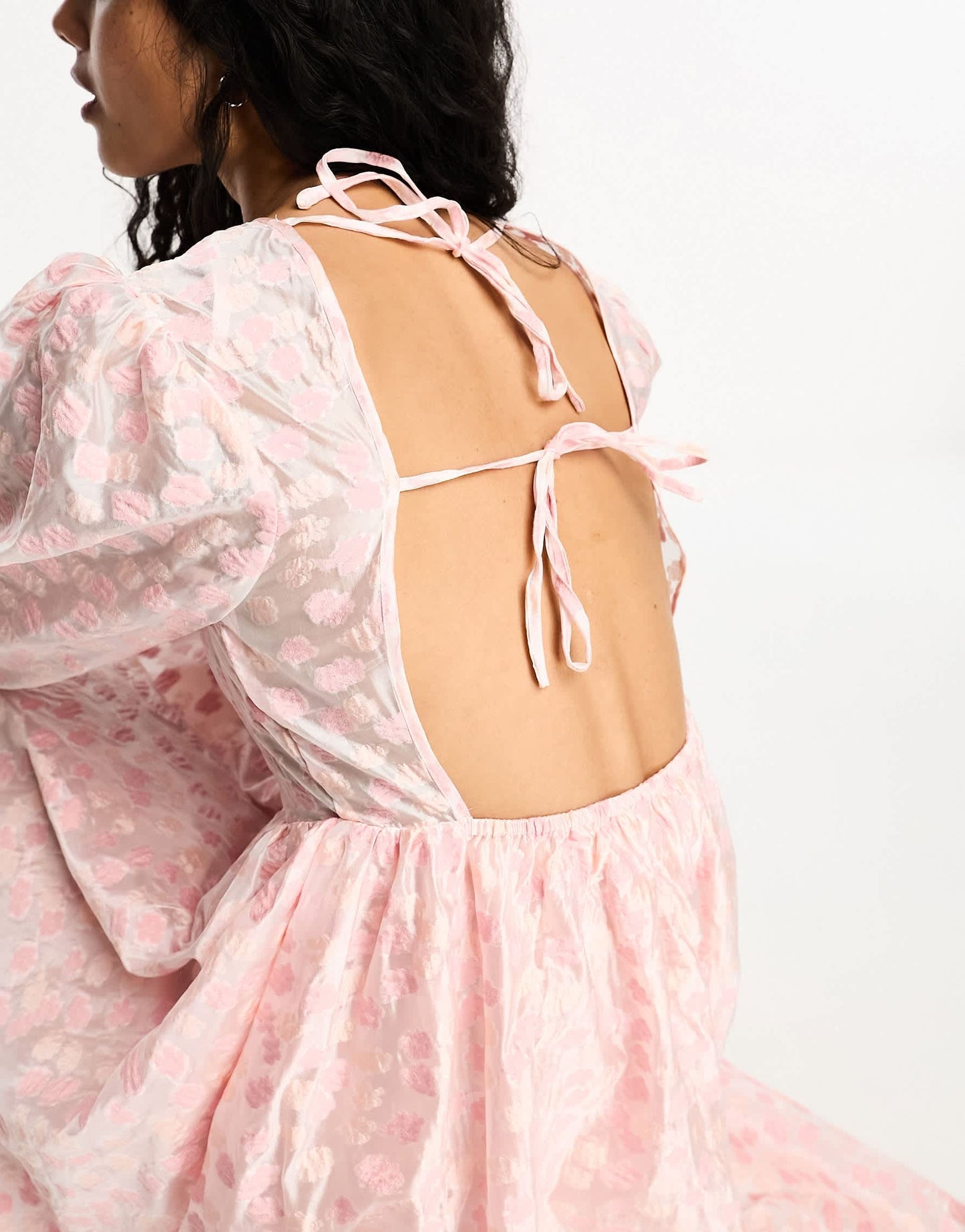 Glamorous tie back puff sleeve midi smock dress in pink organza