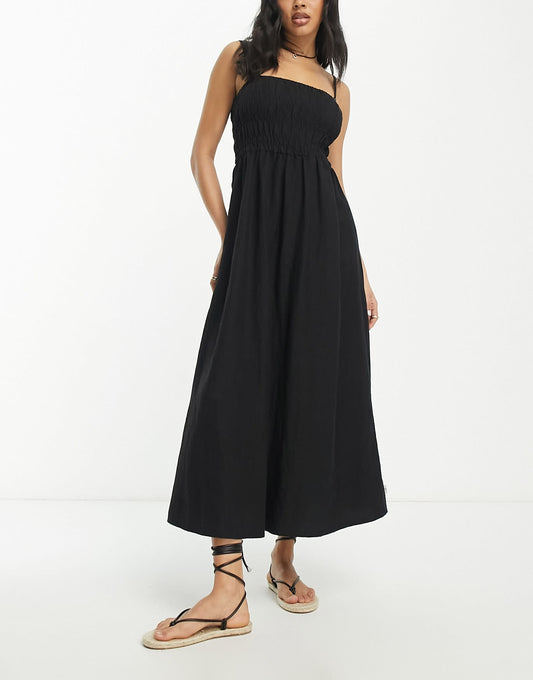 Rhythm classic shirred maxi summer dress in black