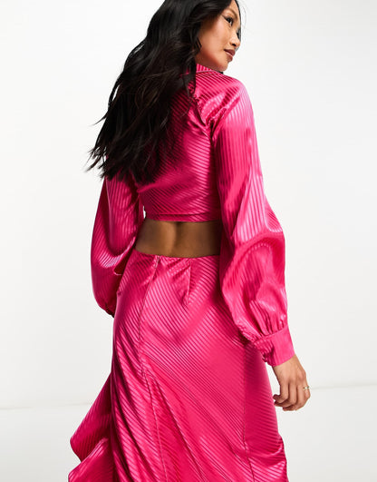 Rare London satin stripe tie detail cropped shirt co-ord in hot pink