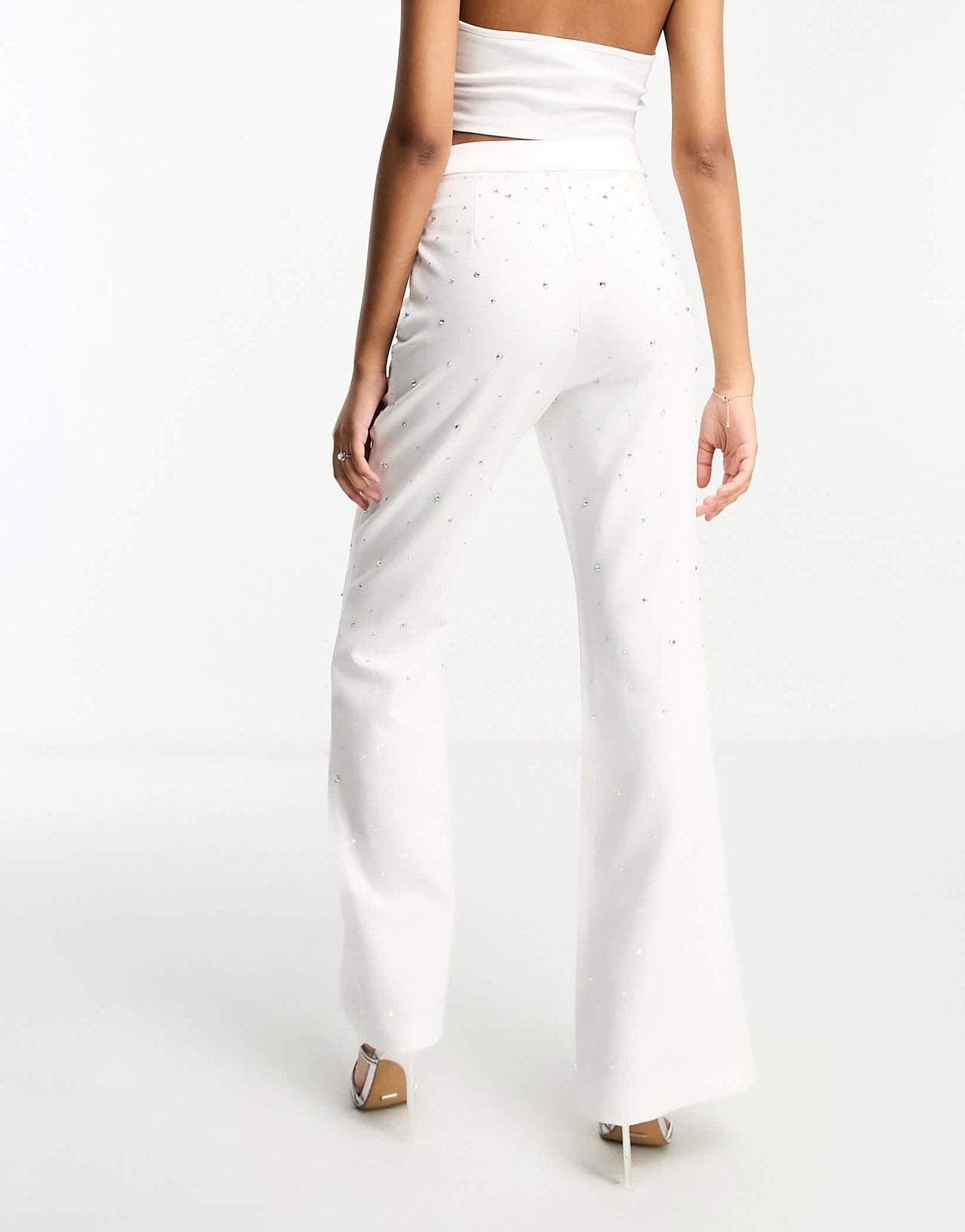 Rare London diamante embellished flared trousers co-ord in white