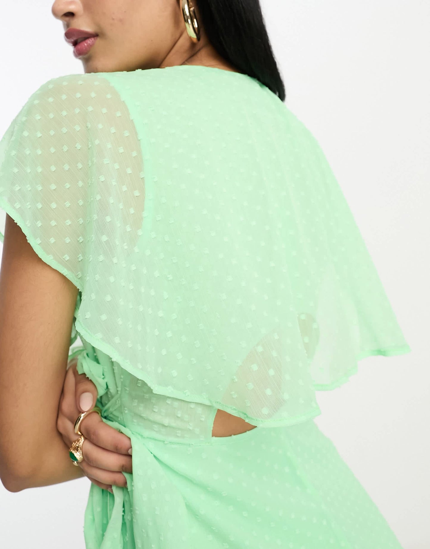 ASOS DESIGN wrap flutter sleeve mini dobby tea dress in apple green