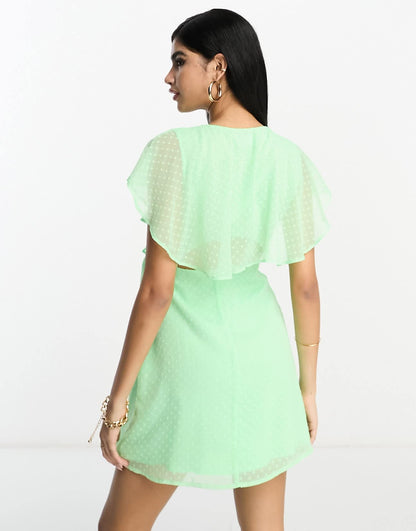 ASOS DESIGN wrap flutter sleeve mini dobby tea dress in apple green