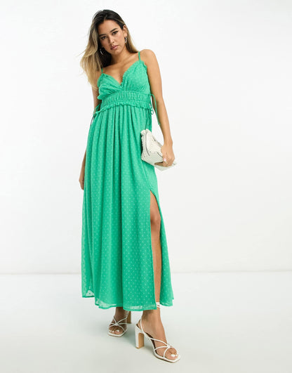 ASOS DESIGN elasticated frill waist midi slip dress in bright green dobby