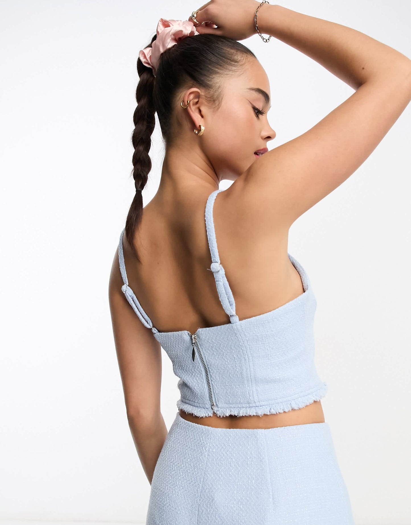 Miss Selfridge co-ord cropped chain strap corset top in light blue boucle