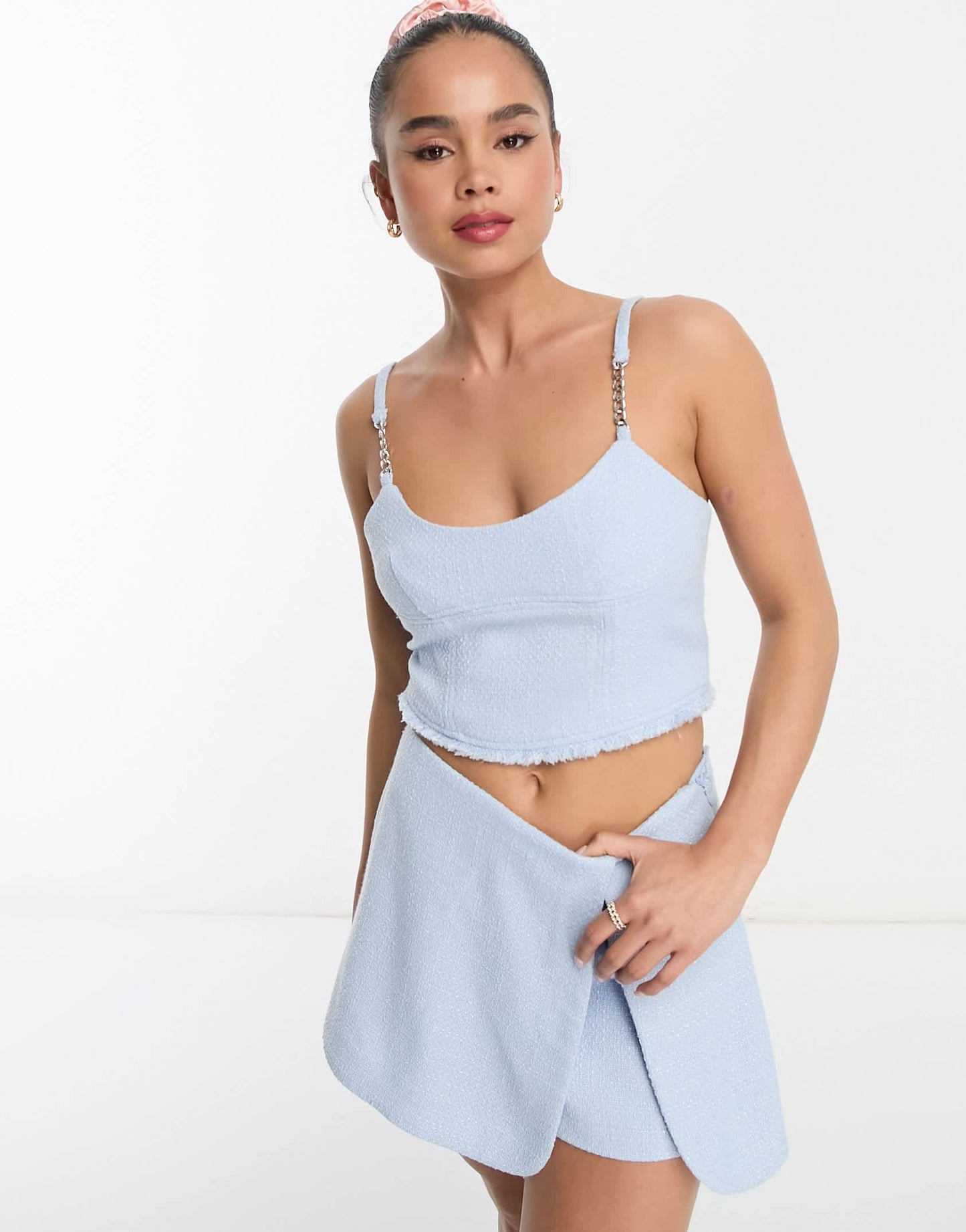 Miss Selfridge co-ord cropped chain strap corset top in light blue boucle