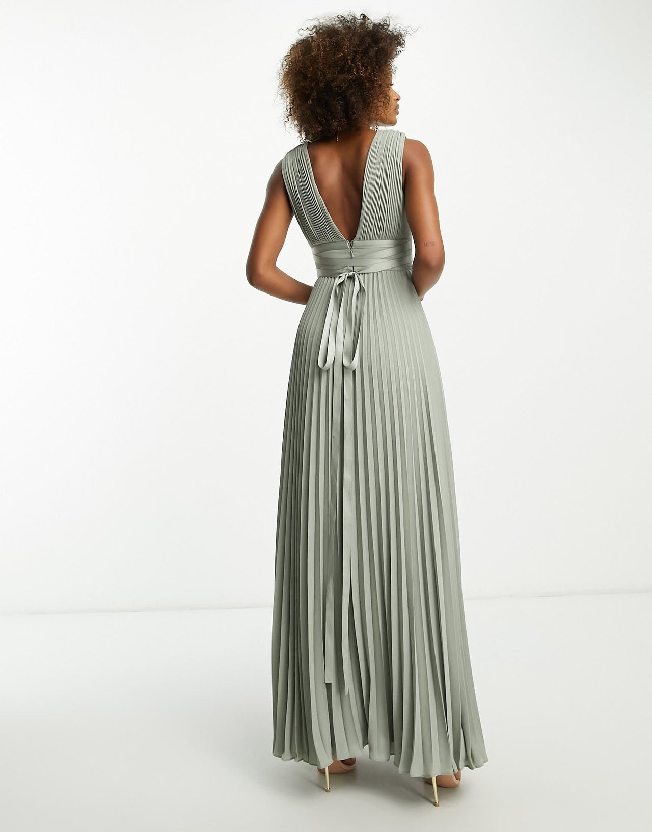 ASOS DESIGN Bridesmaid pleated cami maxi dress with satin wrap waist in olive