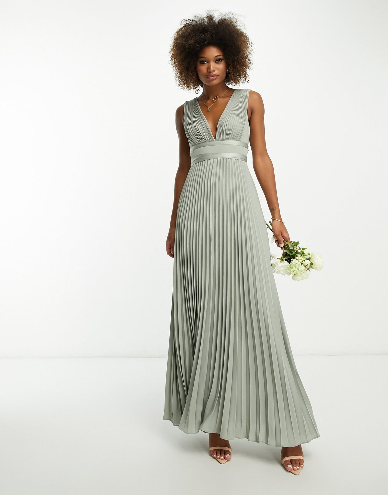 ASOS DESIGN Bridesmaid pleated cami maxi dress with satin wrap waist in olive