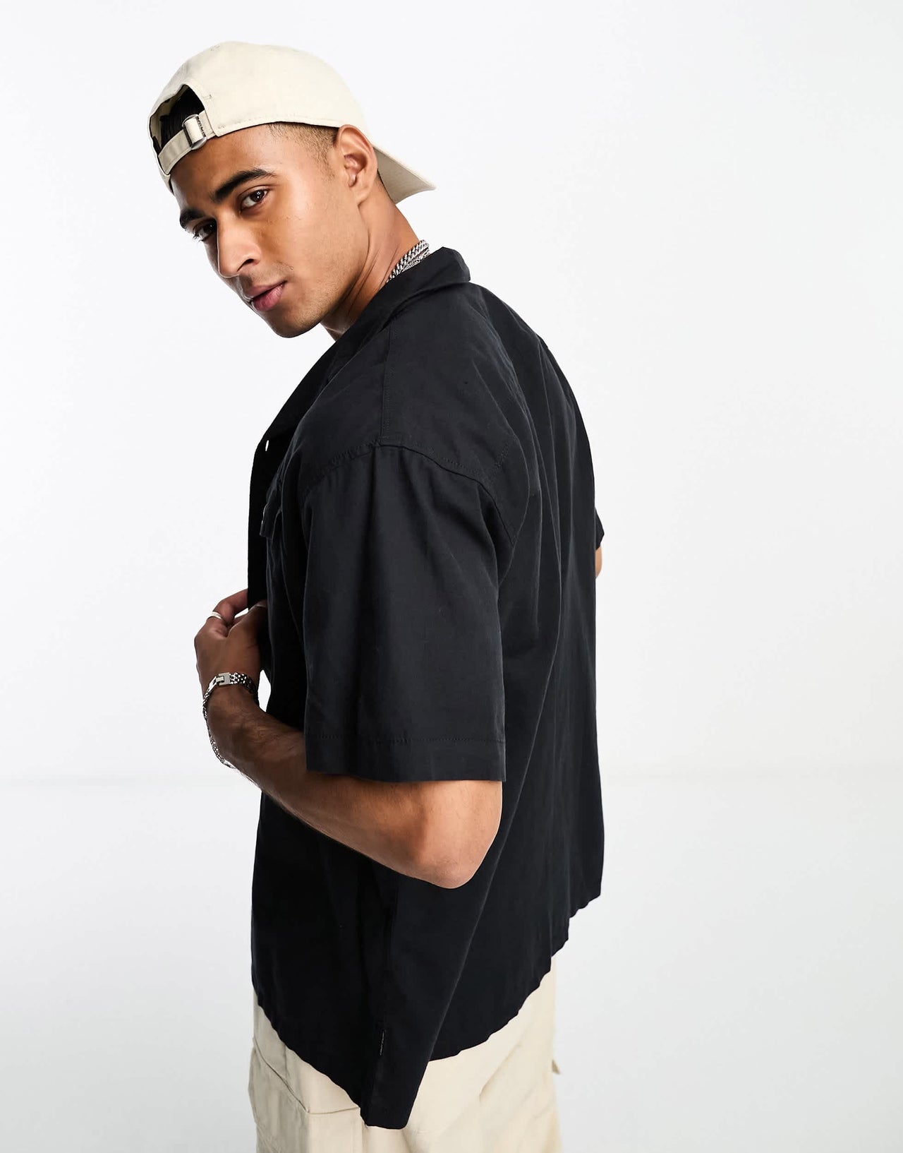 Jack & Jones Core revre collar shirt in linen mix with utility pocket in black