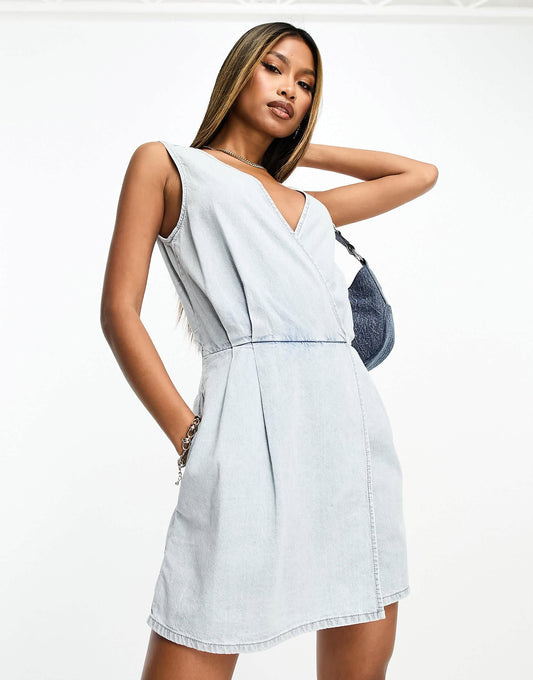 Armani Exchange denim mini dress in light wash blue