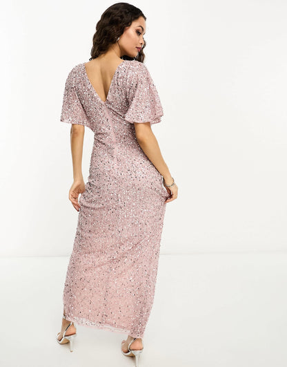 Beauut Petite Bridesmaid embellished maxi wrap dress in frosted pink