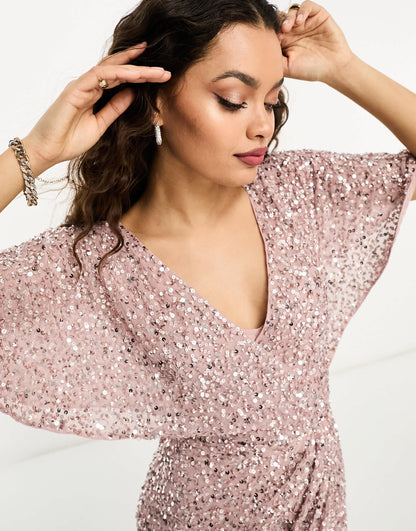 Beauut Petite Bridesmaid embellished maxi wrap dress in frosted pink